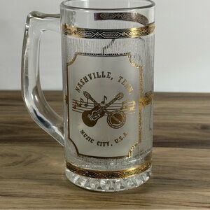 Vintage Nashville Music City USA Souvenir Mug Gold Trim Textured Frosted Glass